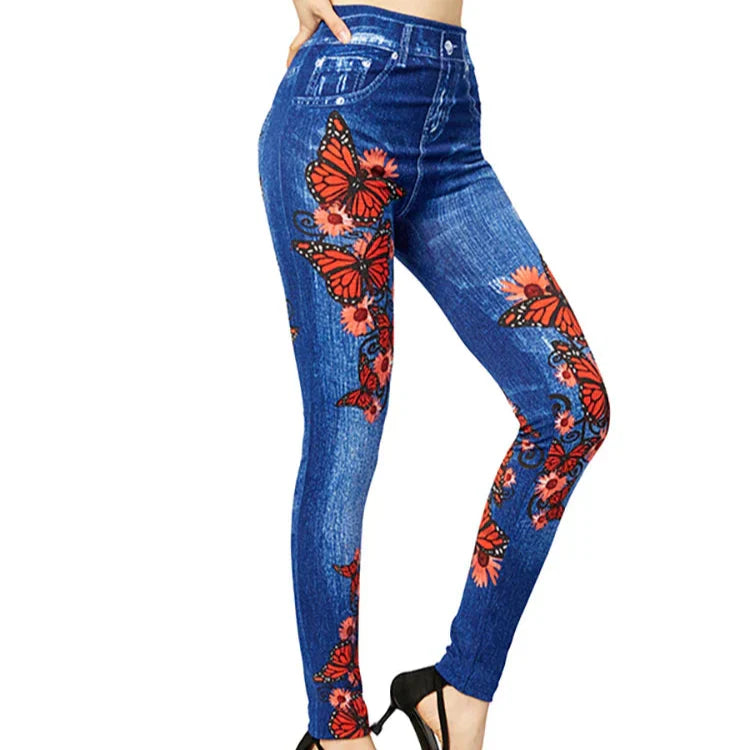 Damen - Jeggings mit hoher Taille - Schmetterlingsmuster - Bequem und stylisch für jeden Anlass