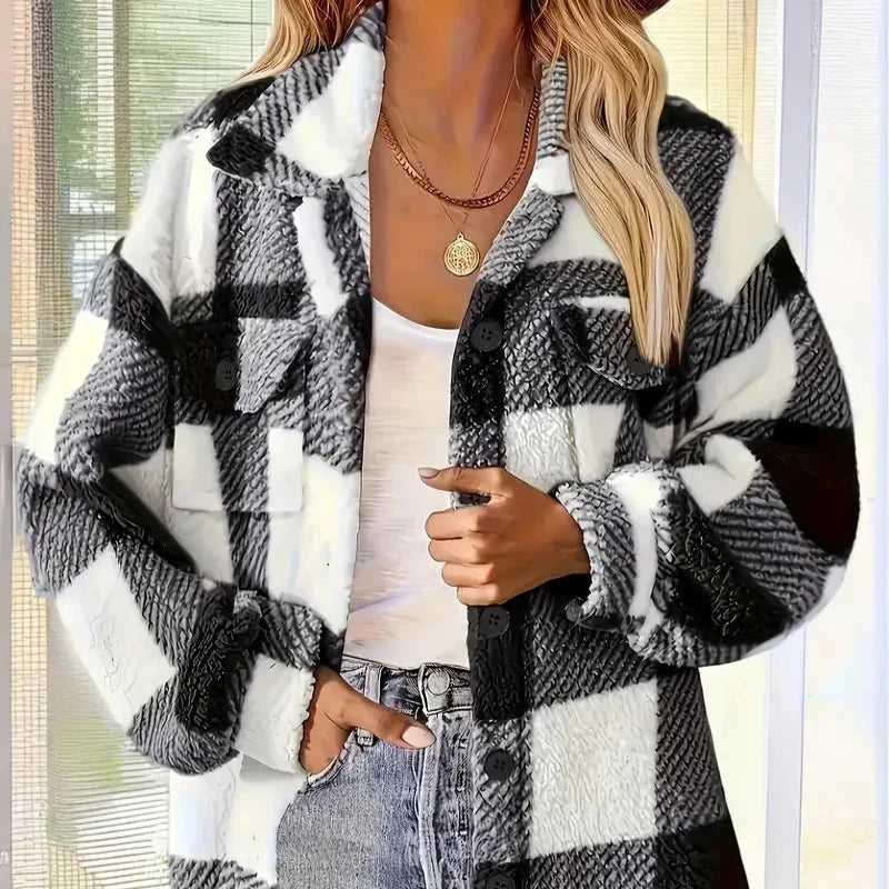 Damen - Jacke - Fleece - Karierter Look - Kuschelig & Warm - Perfekt für kalte Tage