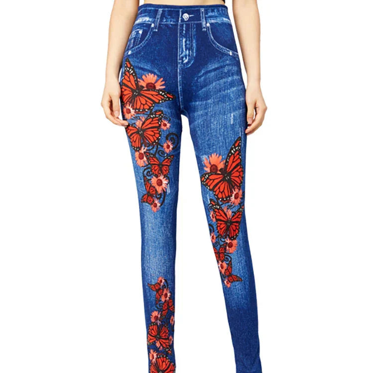 Damen - Jeggings mit hoher Taille - Schmetterlingsmuster - Bequem und stylisch für jeden Anlass