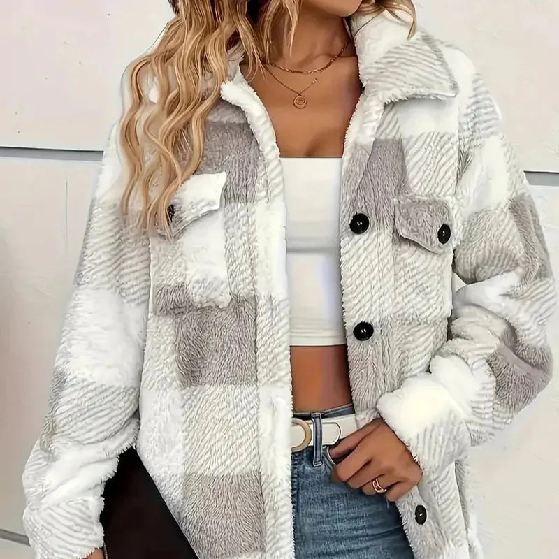 Damen - Jacke - Fleece - Karierter Look - Kuschelig & Warm - Perfekt für kalte Tage