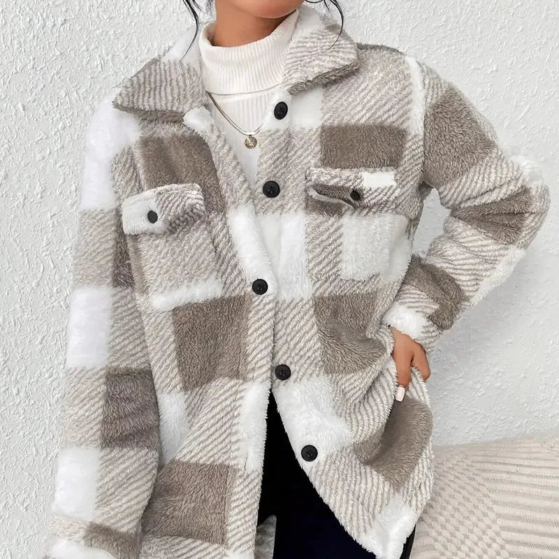 Damen - Jacke - Fleece - Karierter Look - Kuschelig & Warm - Perfekt für kalte Tage