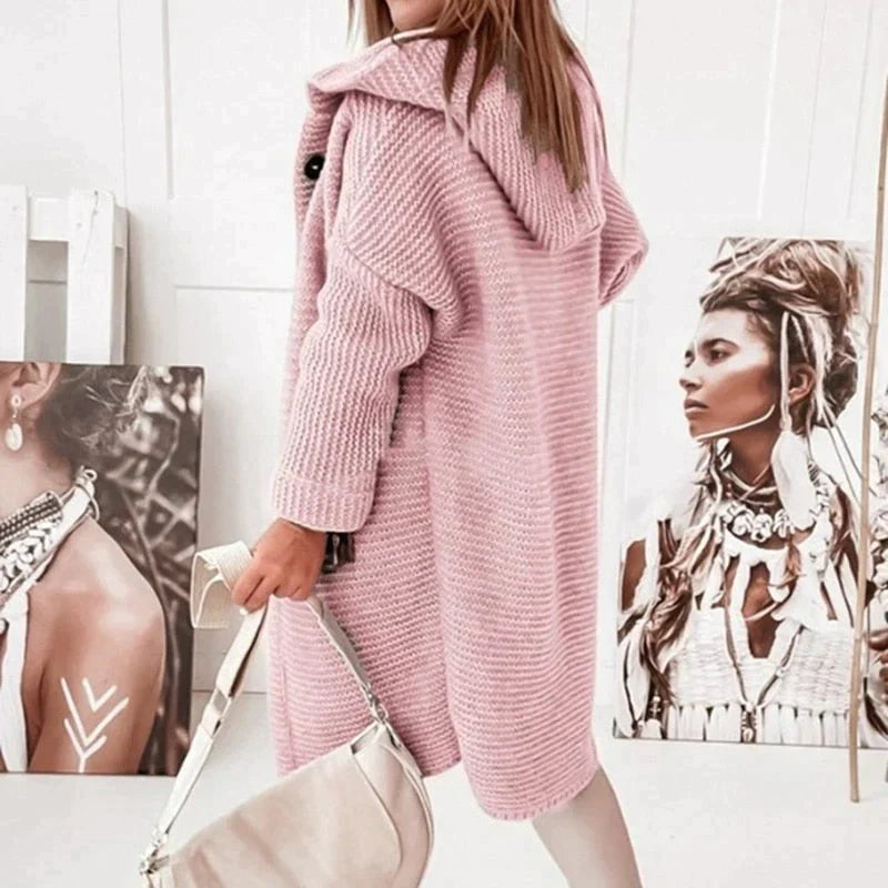 Damen - Lange Strickjacke - Kapuze - Knopfleiste - Bequeme und stilvolle Freizeitmode