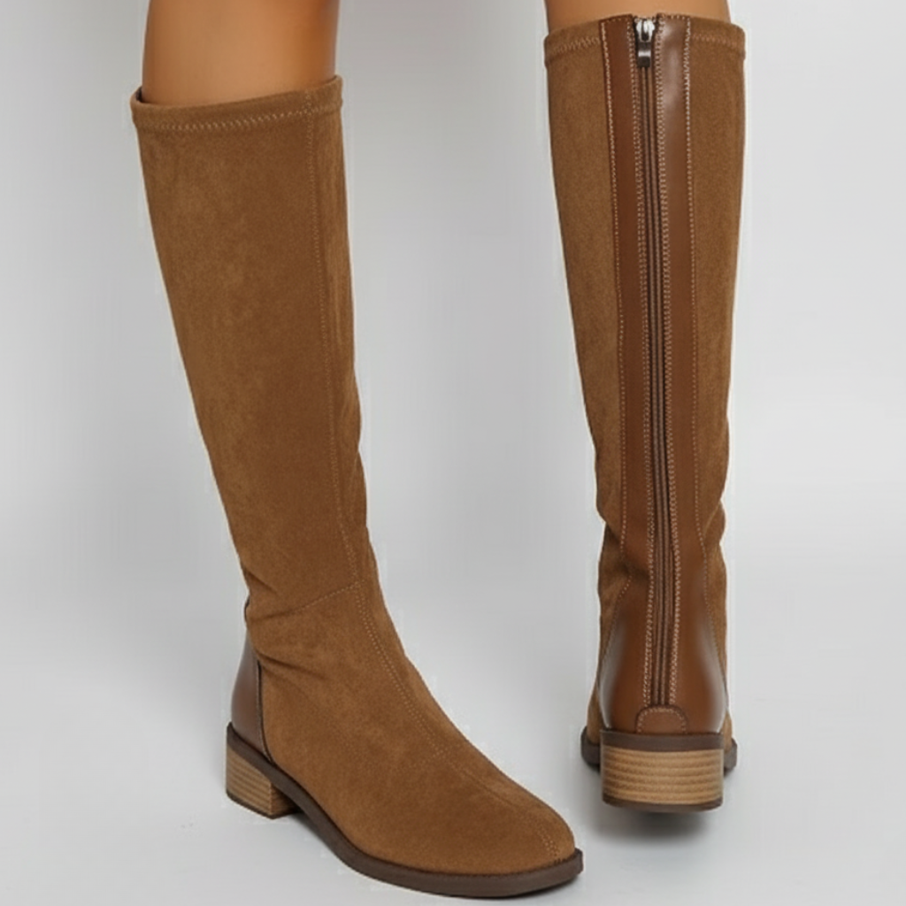 Damen - Klassische kniehohe Stiefel - Wildleder - Eleganter Blockabsatz für stilvolle Auftritte