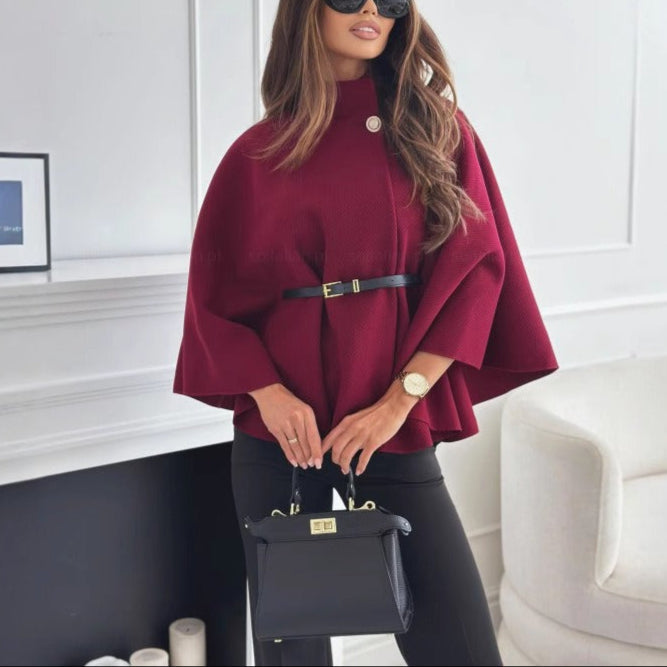 Damen - Eleganter Umhang - Hohem Kragen - Wollmischung - Stilvoller Wintermantel