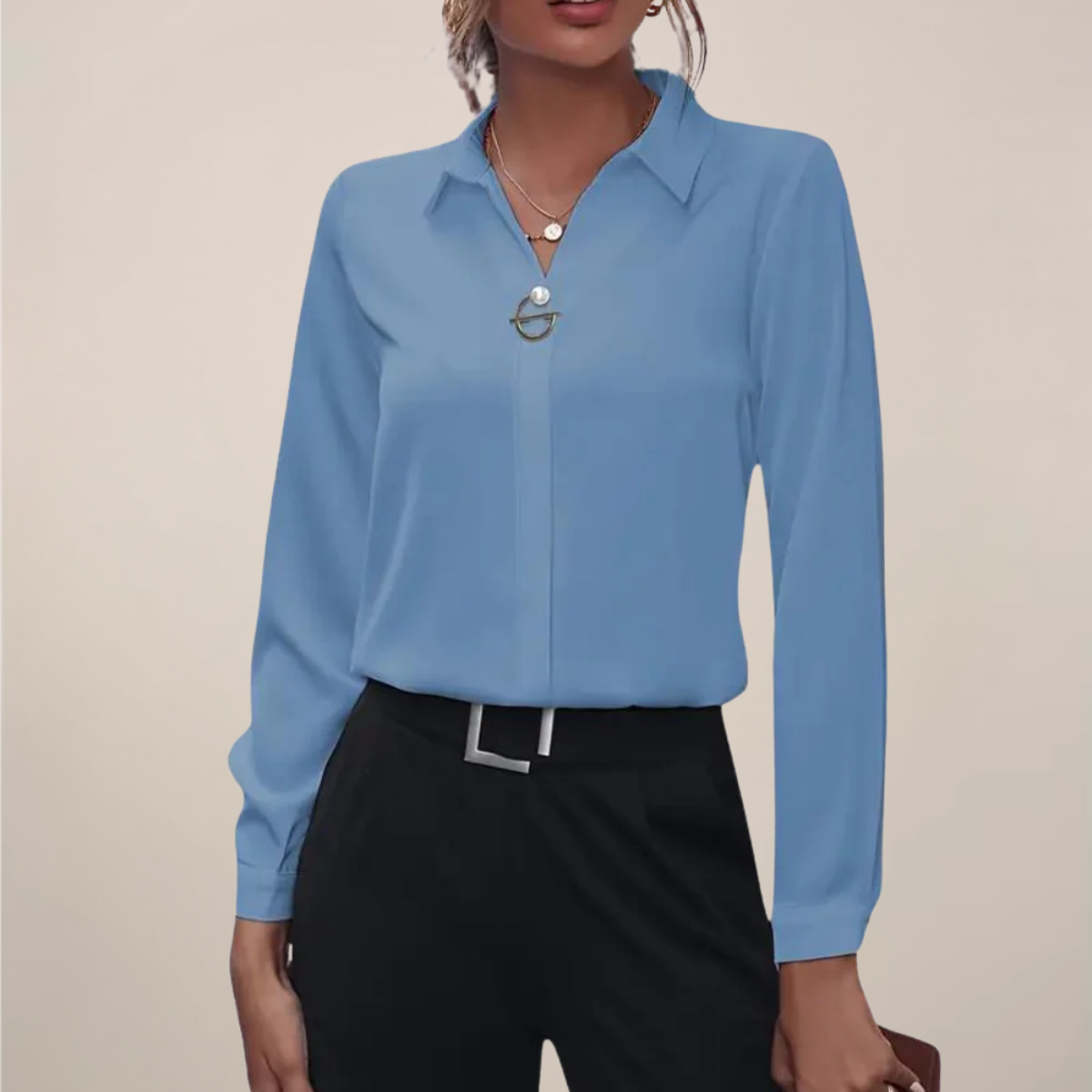 Damen - Langarmbluse - Kragen - Unifarbenes Design - Elegante Bluse für jeden Anlass