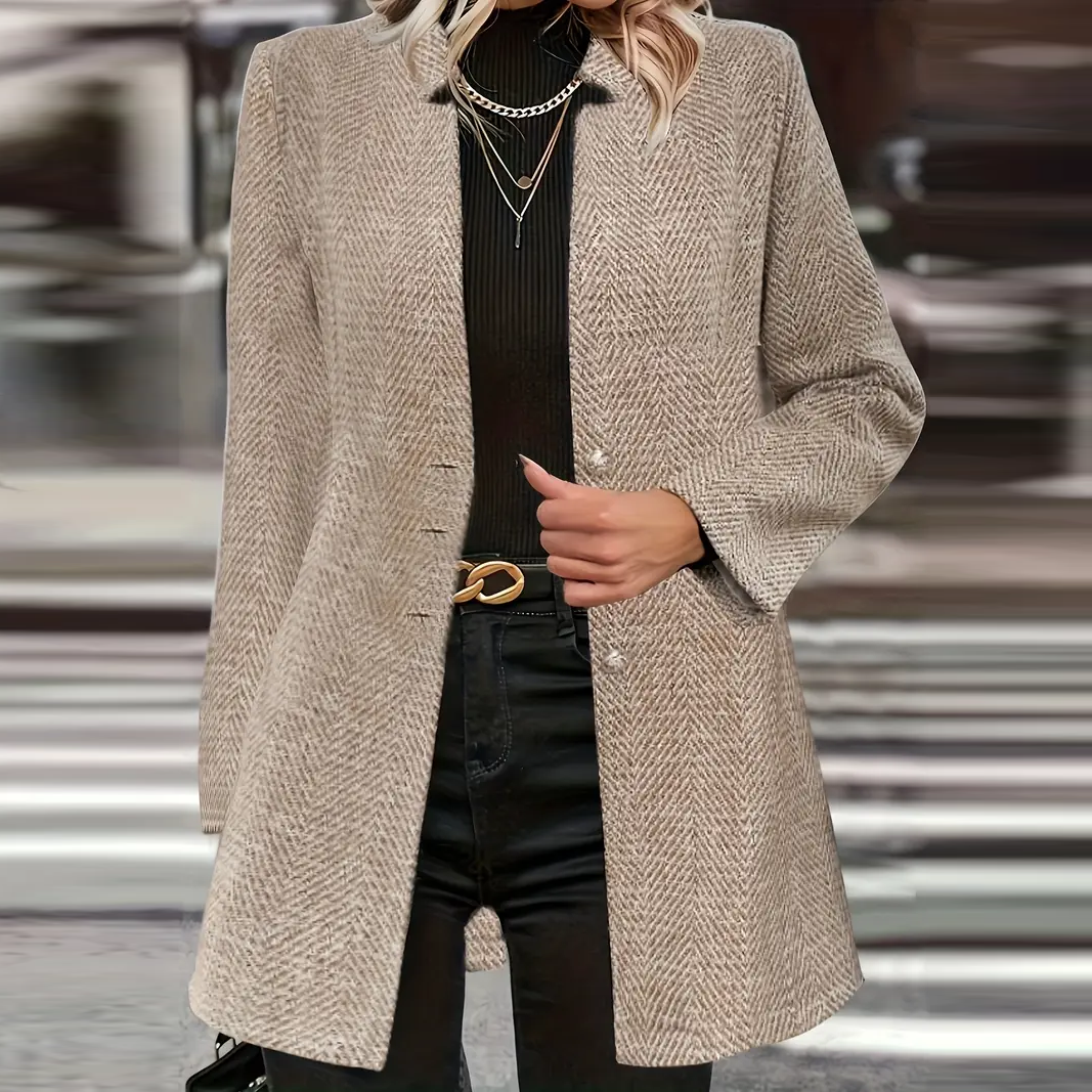 Damen - Langer Fischgrätenmantel - Maßgeschneiderter Stil - Eleganter Übergangsjacke für jeden Anlass