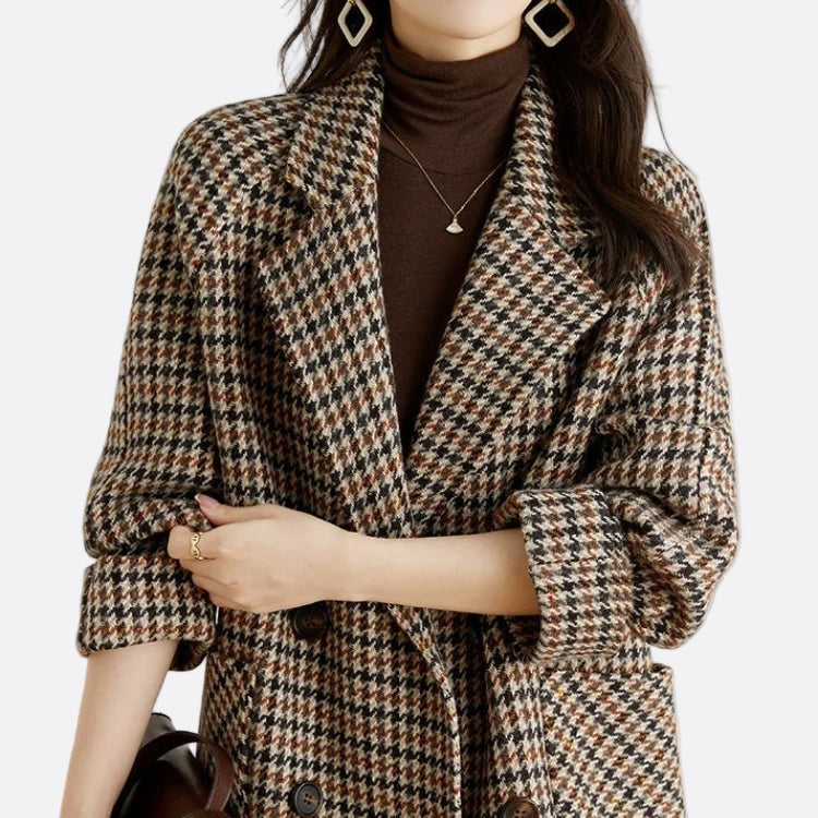 Damen - Klassischer langer karierter Blazer - Hochwertiger Herbststil - Eleganter Look für den Alltag