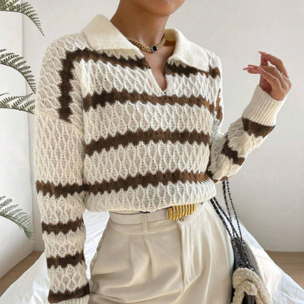 Damen - Grobstrickpullover - Poloshirt mit Streifen - Bequemer Style für jeden Anlass