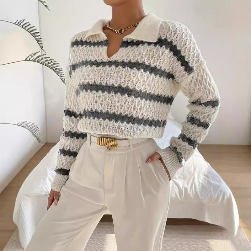 Damen - Grobstrickpullover - Poloshirt mit Streifen - Bequemer Style für jeden Anlass