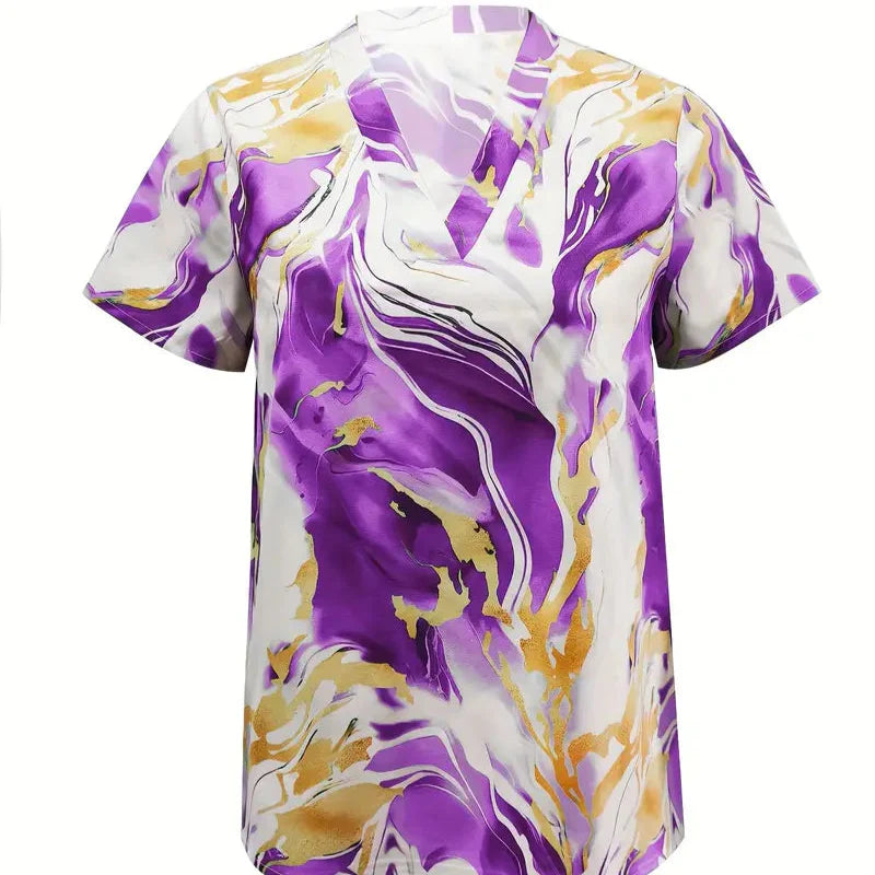 Damen - Elegantes Kurzarmshirt - Seidig Weiche Material - Marmor Print - Stilvolles Design für jeden Anlass