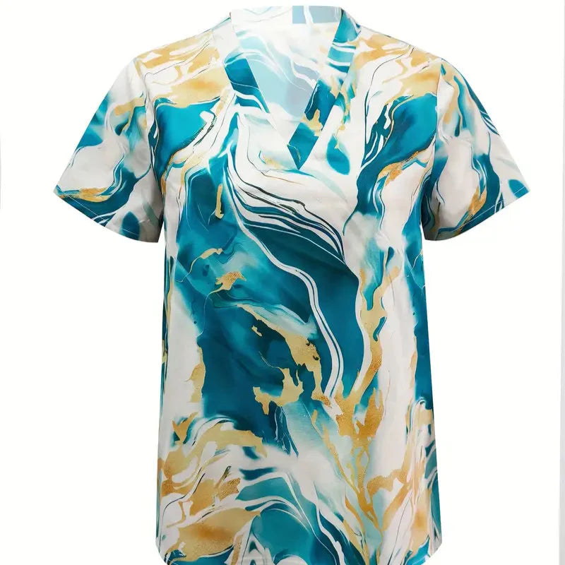 Damen - Elegantes Kurzarmshirt - Seidig Weiche Material - Marmor Print - Stilvolles Design für jeden Anlass