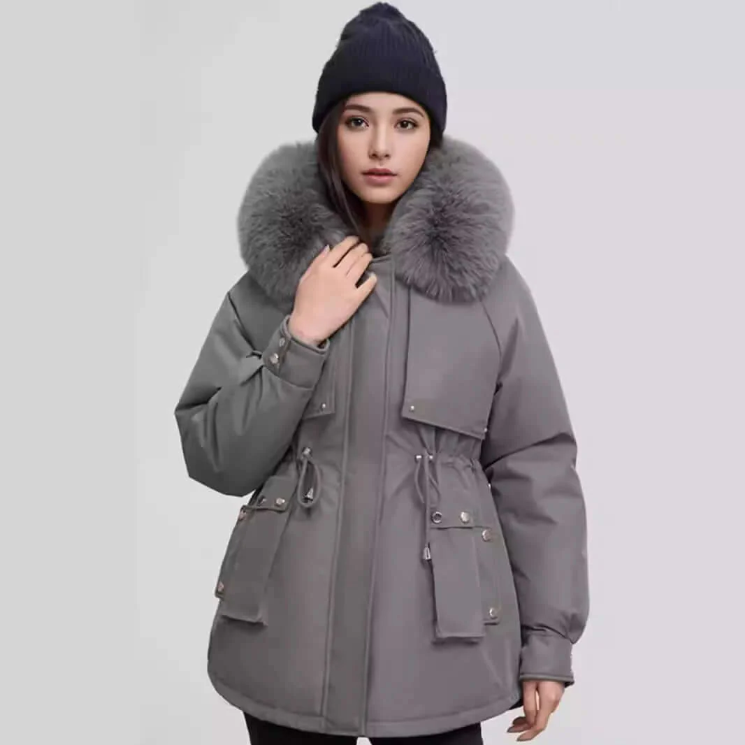 Damen - Hüftlanger mantel - Kunstpelz Kragen und Zip-Verschluss - Stilvoller Winter Look für jede Gelegenheit