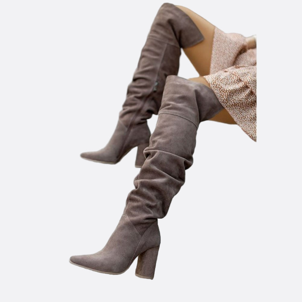 Damen - Kniehohe Stiefel - Hoher Blockabsatz - Modischer Stil für jeden Anlass