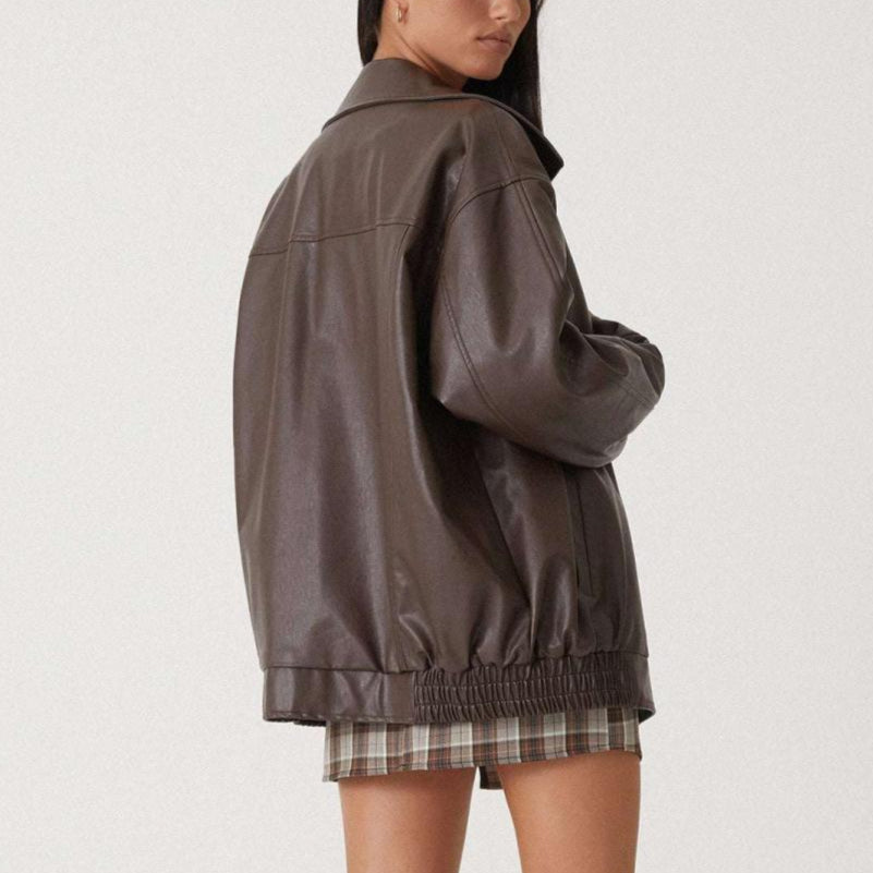 Damen - Entspannte jacke - Leder - Hochkragen mit Reißverschluss - Stilvolle Freizeitmode