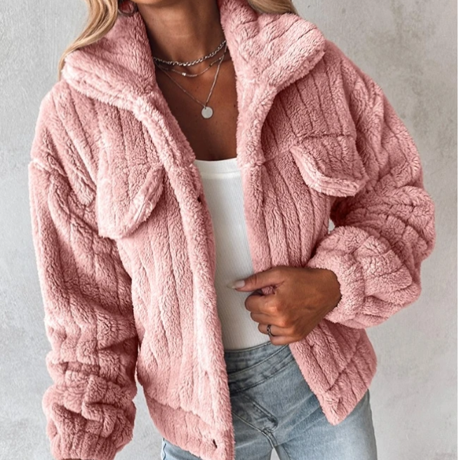 Damen - Kurzer Teddy Mantel - Wärmender Stoff - Cosy Style für kalte Tage