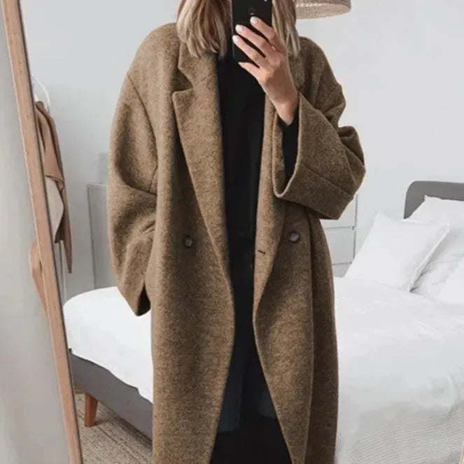Damen - Langer Wintermantel mit Revers - Ein-Knopf-Verschluss - Stilvoller Warmhalter für kalte Tage