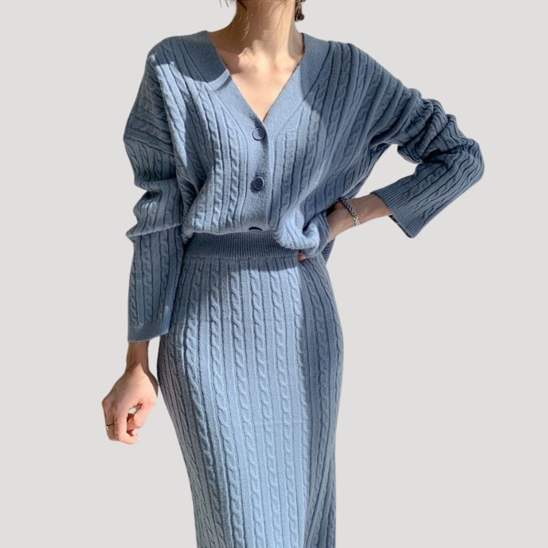 Damen - Strick Kombi Set - Midirock & Strickjacke - Modische Kombination für jeden Anlass