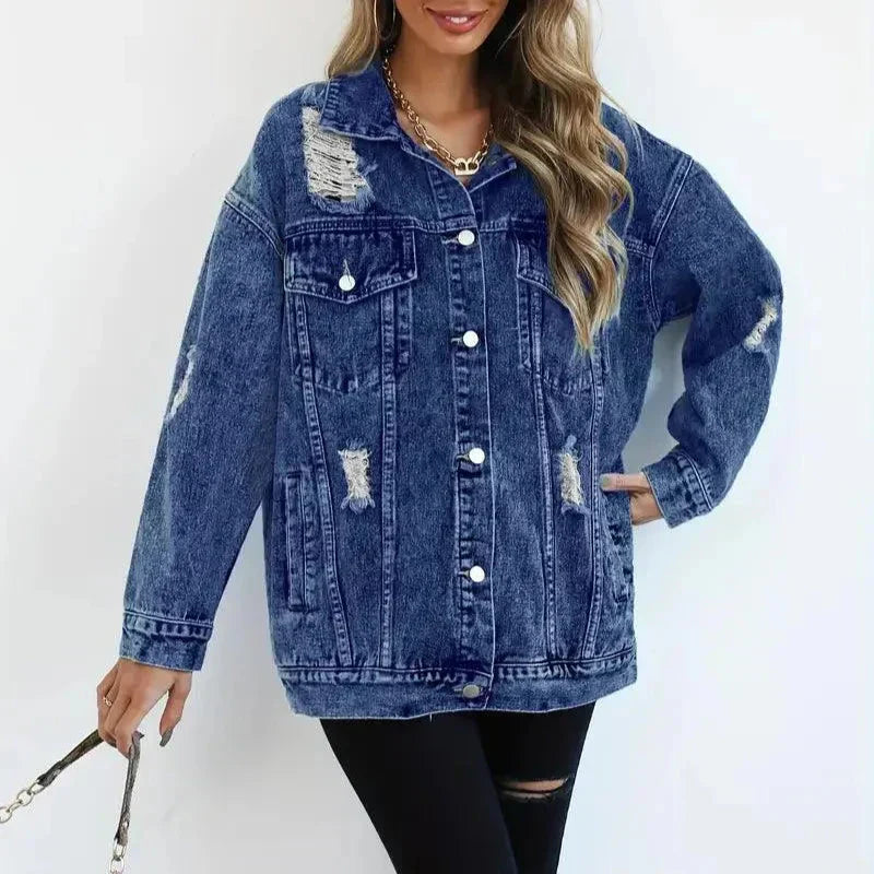 Damen - Übergroß Denim Jacke - Atmungsaktivem Material - Lässiger Stil - Vielseitige Mode für jeden Anlass