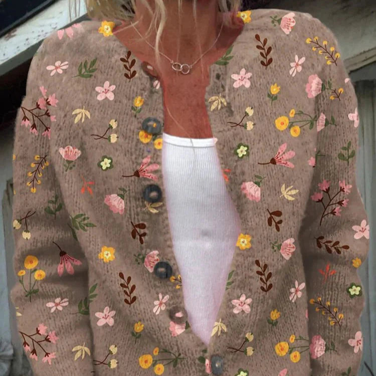 Damen - Strickjacke - Blumenmuster - Rundhalsausschnitt - Modische, bequeme Oberbekleidung für jeden Anlass
