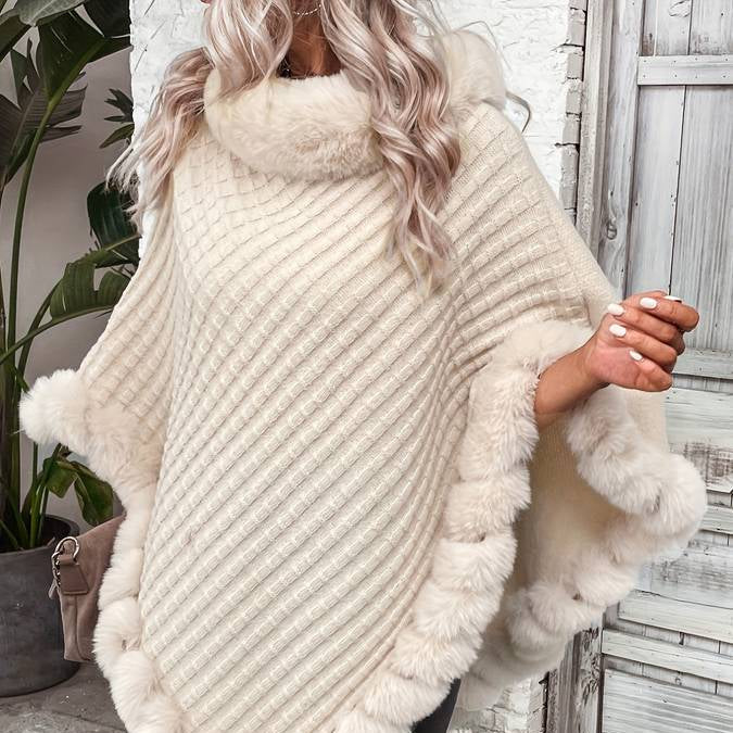Damen - Beigefarbener Poncho - Flauschigem Besatz - Rautenmuster - Stilvoller Überwurf für kalte Tage