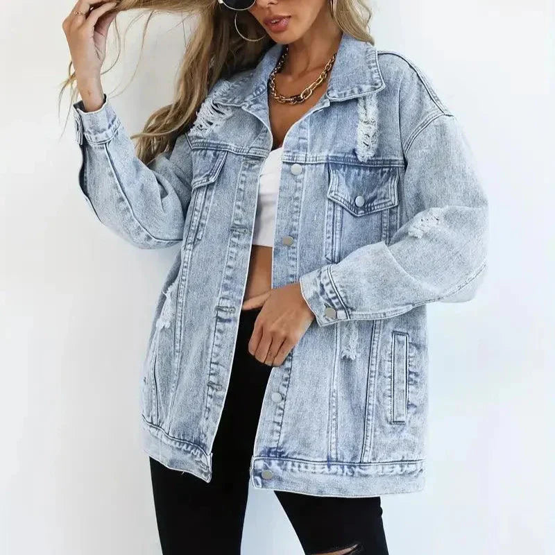Damen - Übergroß Denim Jacke - Atmungsaktivem Material - Lässiger Stil - Vielseitige Mode für jeden Anlass