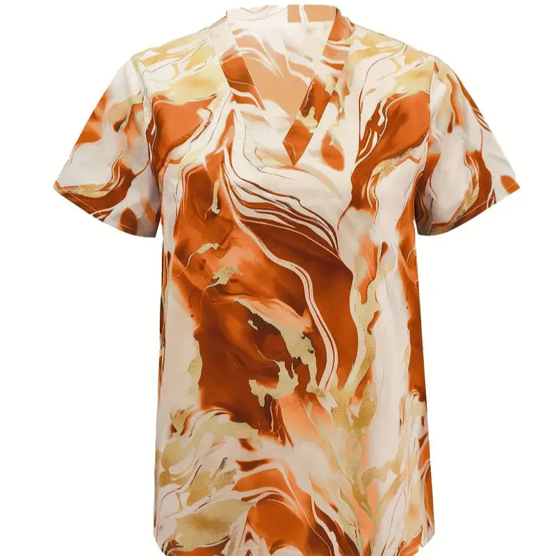 Damen - Elegantes Kurzarmshirt - Seidig Weiche Material - Marmor Print - Stilvolles Design für jeden Anlass
