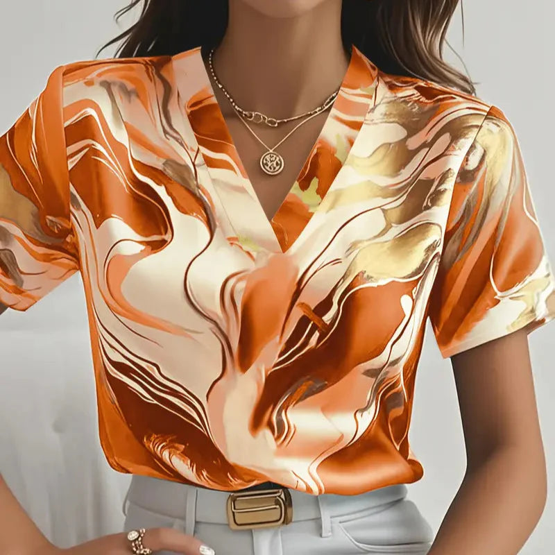 Damen - Elegantes Kurzarmshirt - Seidig Weiche Material - Marmor Print - Stilvolles Design für jeden Anlass