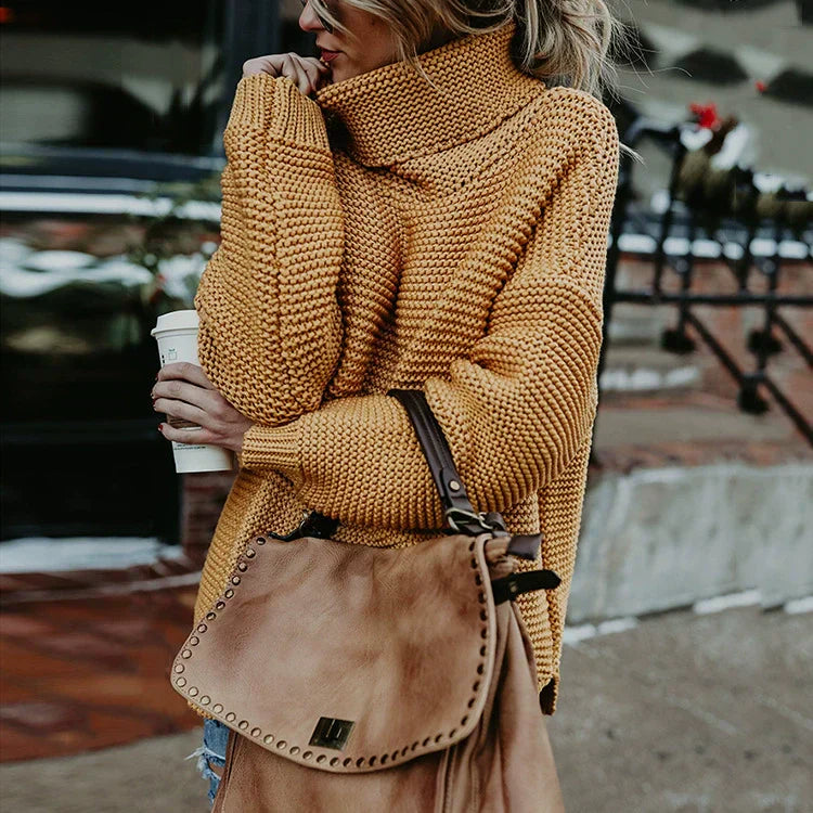Damen - Strickpullover - Übergroßer - Hoher Ausschnitt & Rippstrick - Stilvoll & Bequem