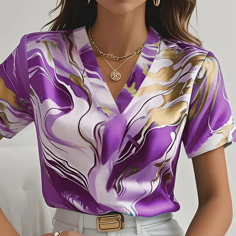 Damen - Elegantes Kurzarmshirt - Seidig Weiche Material - Marmor Print - Stilvolles Design für jeden Anlass
