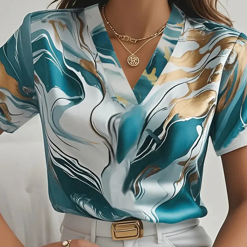 Damen - Elegantes Kurzarmshirt - Seidig Weiche Material - Marmor Print - Stilvolles Design für jeden Anlass