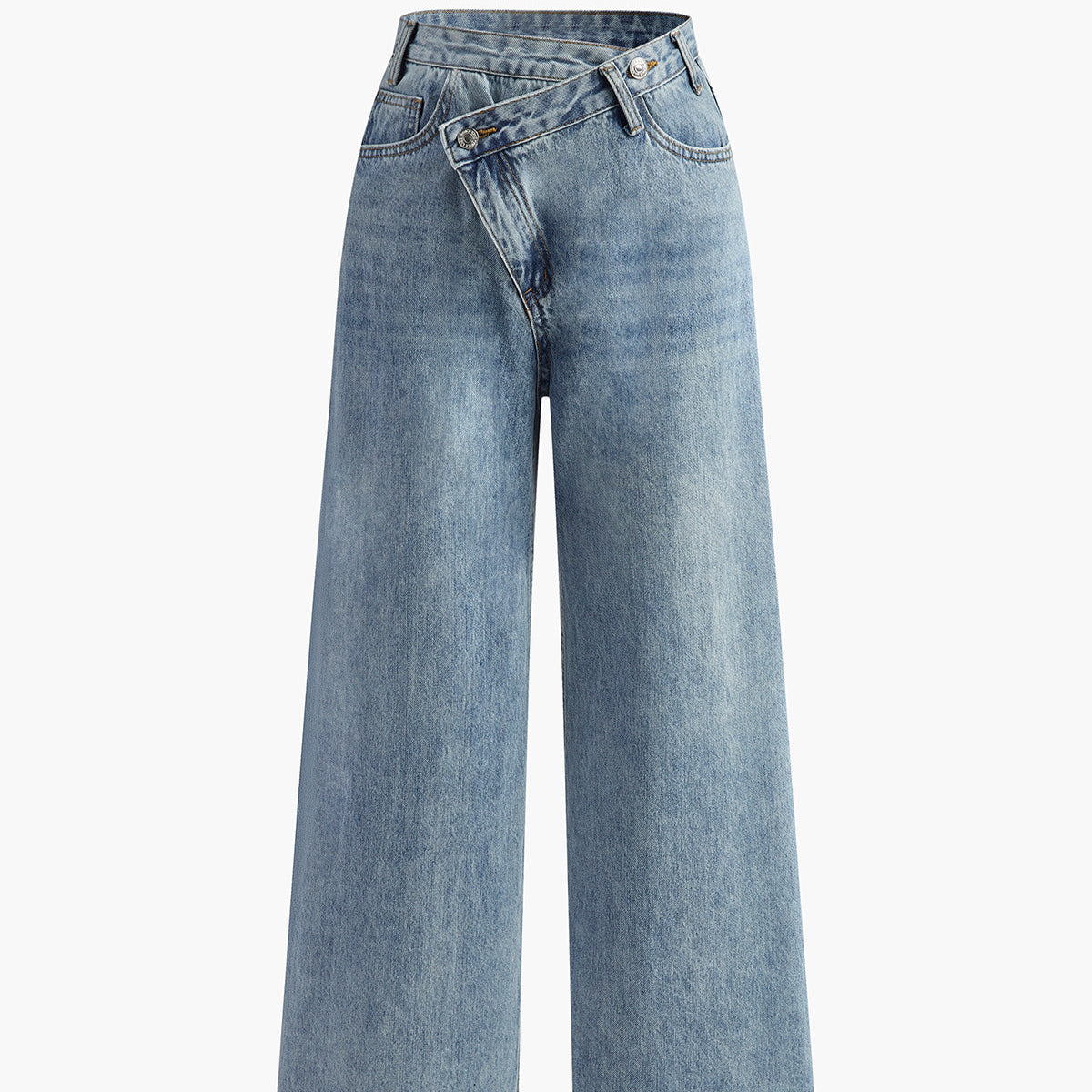 Damen - Asymmetrische Taillenweite Jeans - Polyester Denim - Breite Beine - Trendy Style für mühelosen Chic