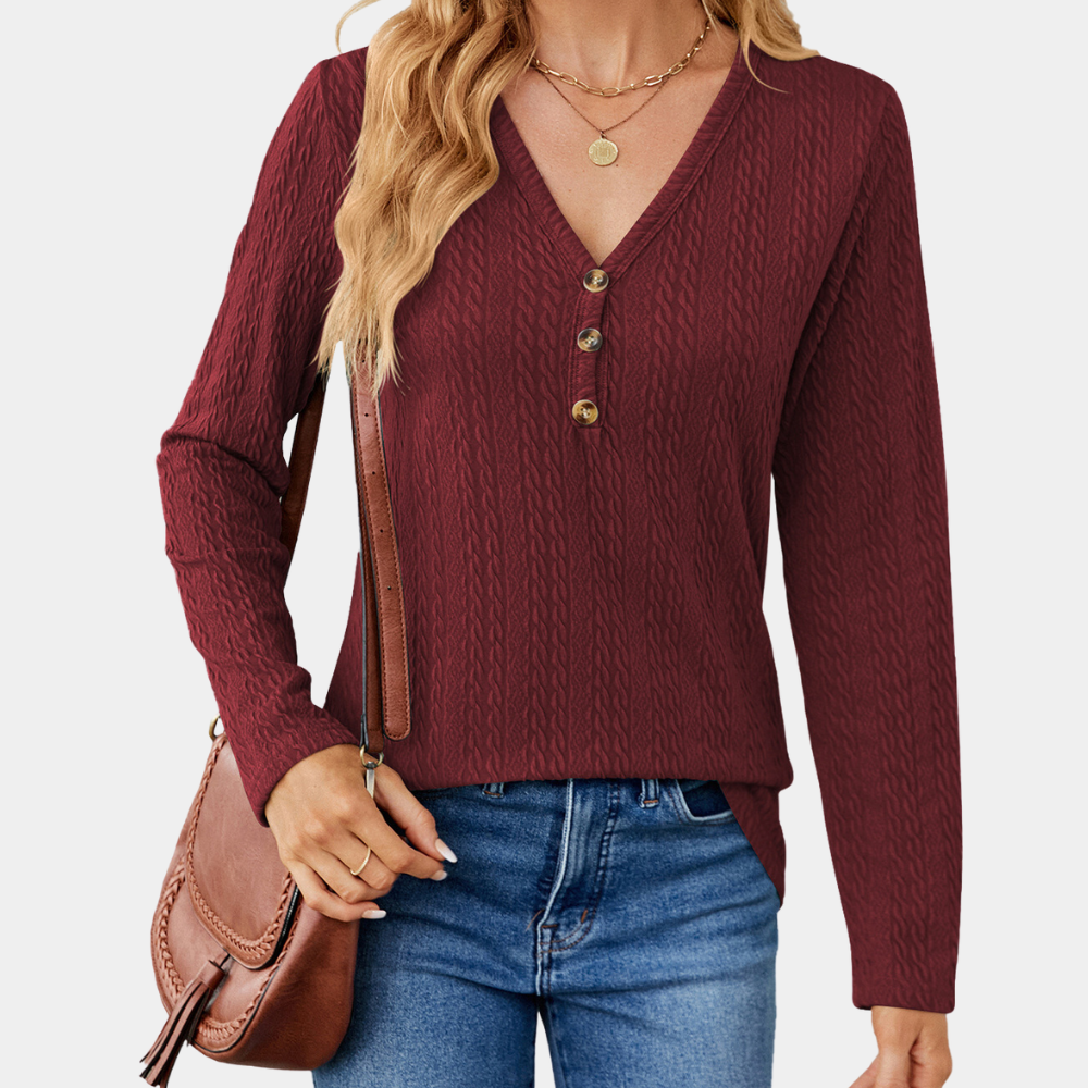 Damen - Langärmeliges V-Ausschnitt Top - Zopfstrick - Stilvolles, bequemes Oberteil für jede Gelegenheit