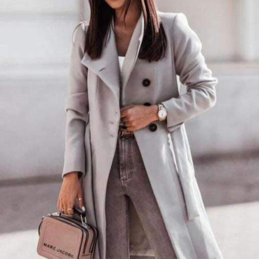 Damen - Maßgeschneiderter Langer Mantel mit Gürtel - Wollmischung - Elegante Stil und Komfort