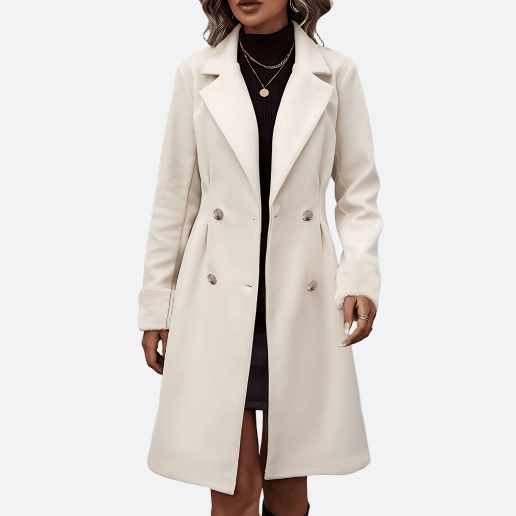 Damen - Aprikosenfarbener Zweireiher Mantel - Flauschige Manschetten - Stilvoller Frühjahrslook