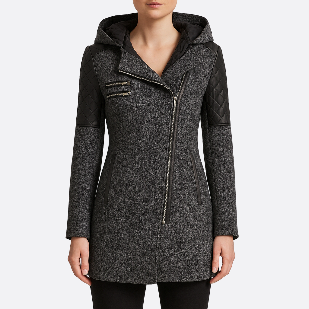 Damen - Asymmetrischer Mantel - Reißverschluss und Steppeinsätzen - Stilvoll und modern