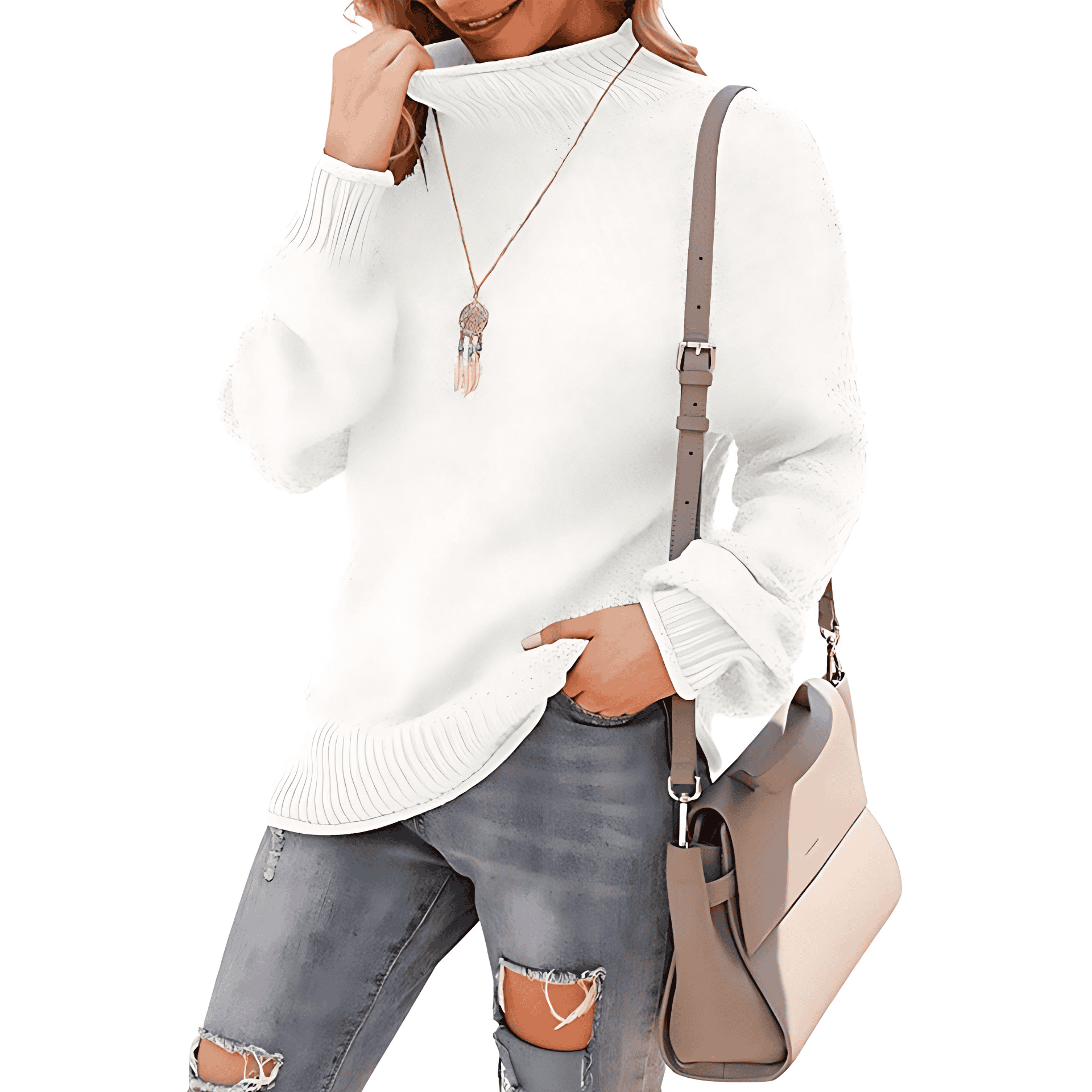 Damen - Bequemer Grobstrick Pullover - Hoher Kragen - Bequeme und Stilvolle Passform