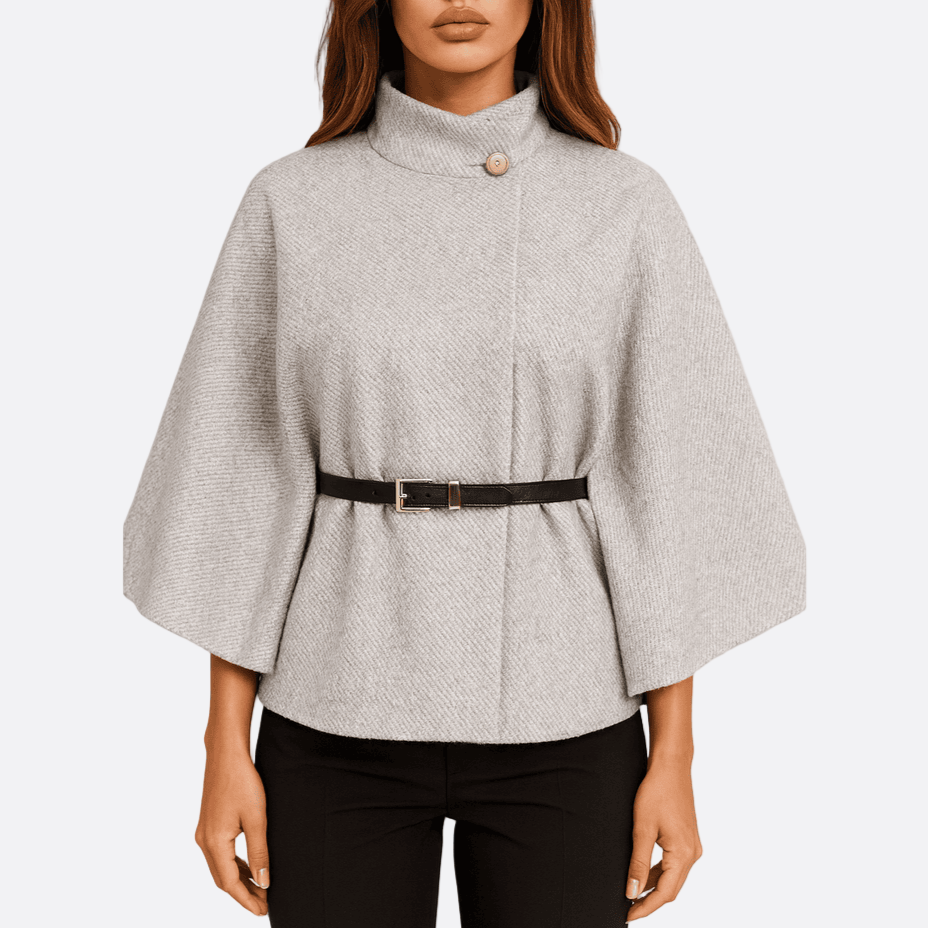 Damen - Eleganter Umhang - Hohem Kragen - Wollmischung - Stilvoller Wintermantel