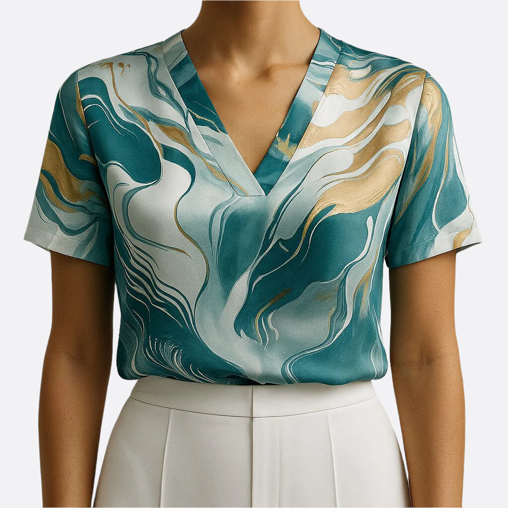 Damen - Elegantes Kurzarmshirt - Seidig Weiche Material - Marmor Print - Stilvolles Design für jeden Anlass