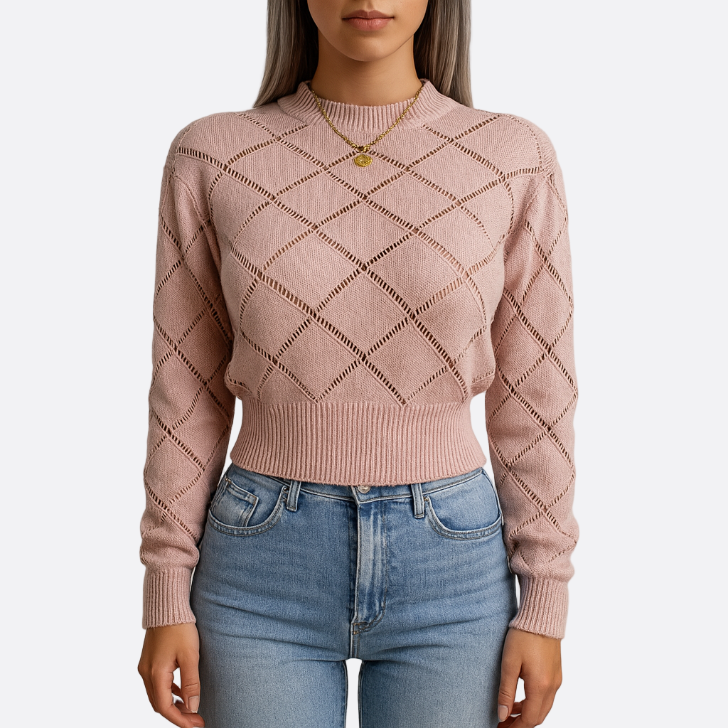 Damen - Gestrickter Pullover - Hohem Halsausschnitt - Rautenmuster - Bequeme Fashion für den Alltag