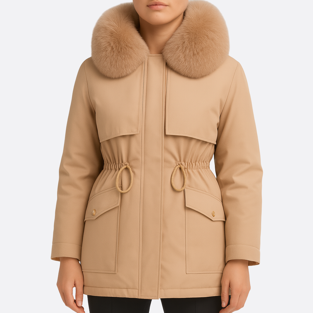 Damen - Hüftlanger mantel - Kunstpelz Kragen und Zip-Verschluss - Stilvoller Winter Look für jede Gelegenheit