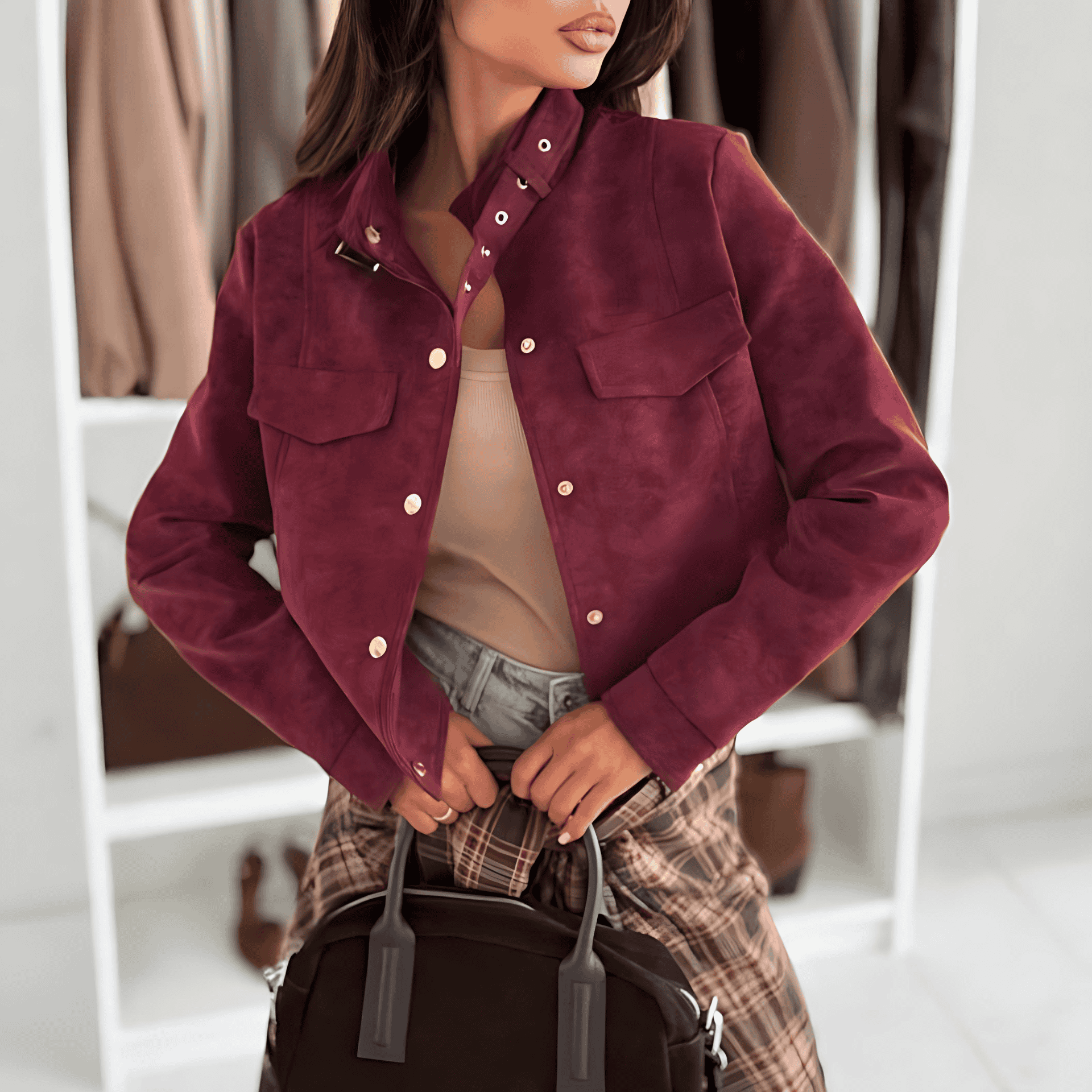 Damen - Jacke - Weichem Wildleder - Knopfdetails - Stilvolle und bequeme Oberbekleidung