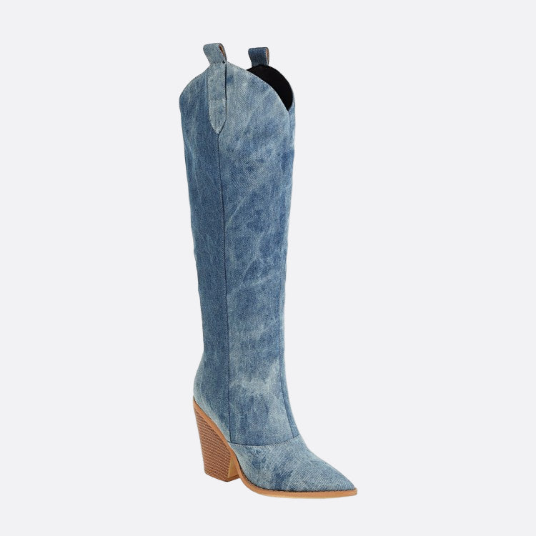 Damen - Kniehohe Stiefel - V-Schnitt mit Blockabsatz - Modischer Komfort für jeden Anlass