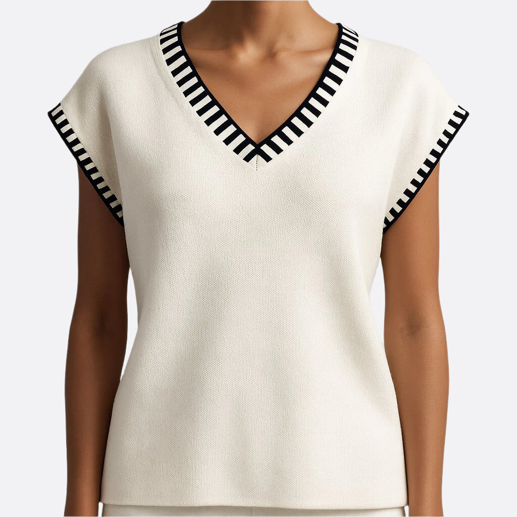 Damen - Kurzärmeliges Strick-Top - Gewebemischung - Kontrastbesatz - V-Ausschnitt für stilvollen Komfort