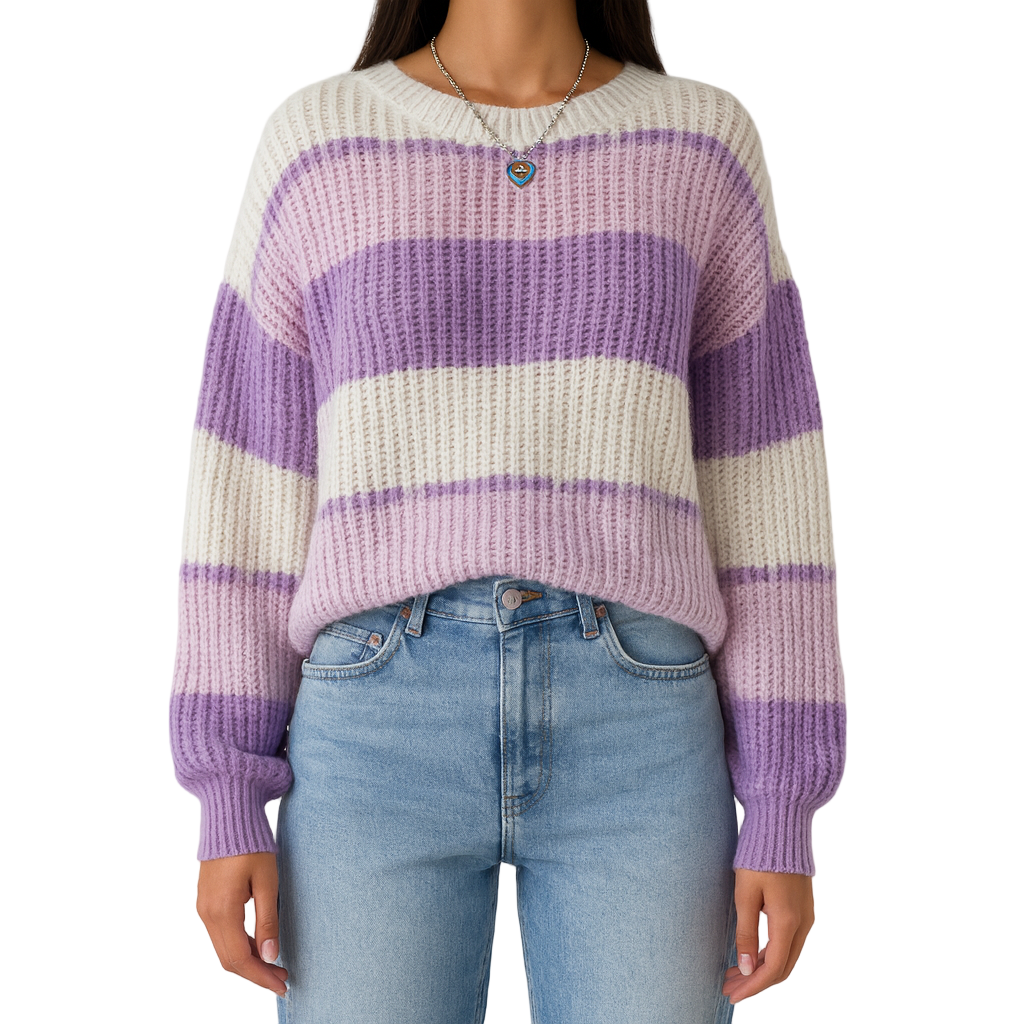 Damen - Langärmeliger gestrickter Pullover - Stricktextur - Rundhalsausschnitt - Bequeme Mode für jeden Anlass