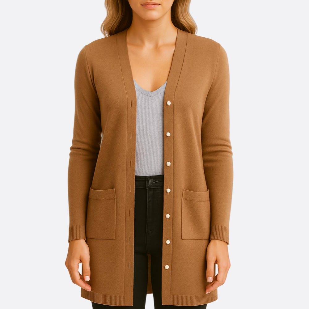 Damen - Lange Strickjacke - Knöpfen und praktischen Taschen - Bequeme und stilvolle Strickmode