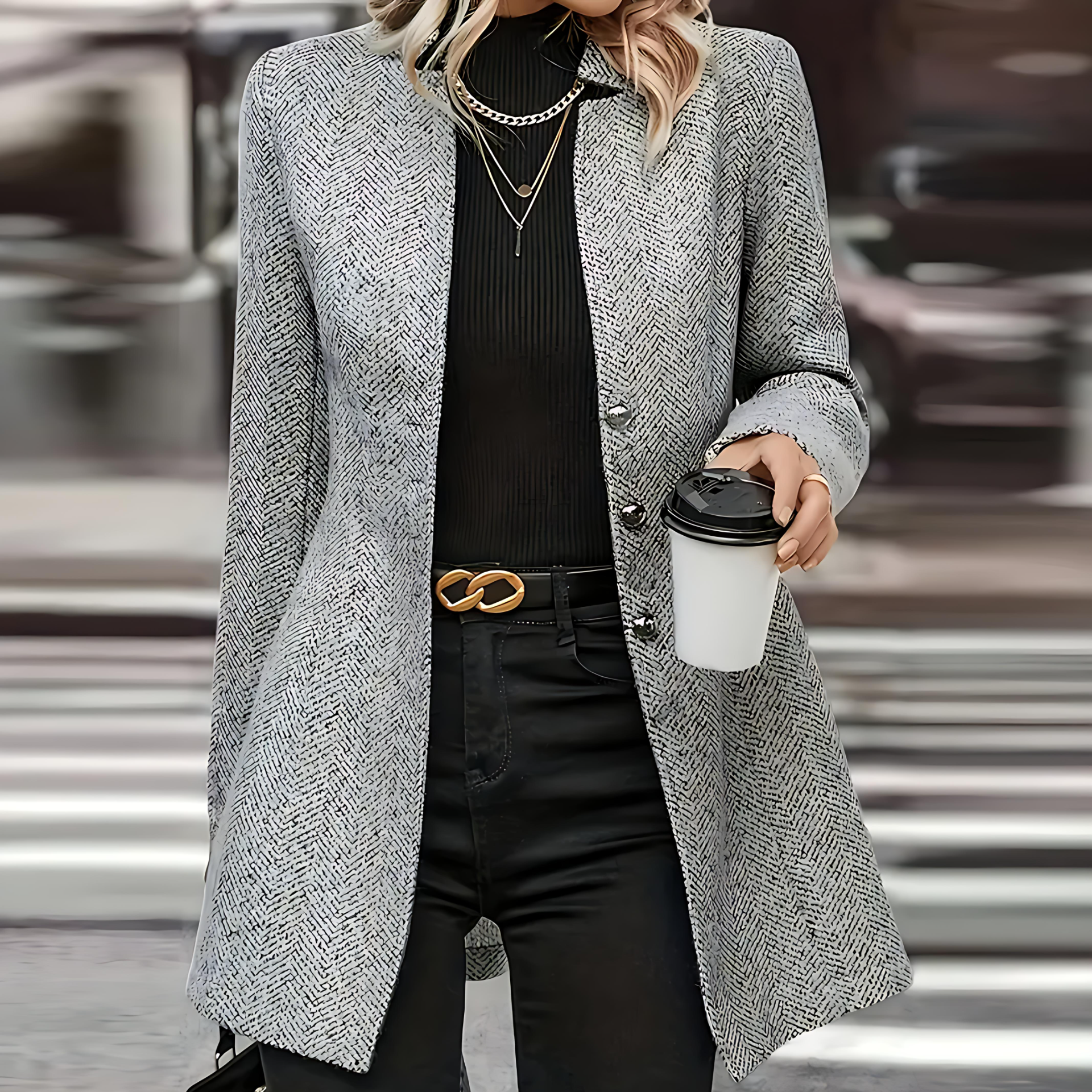 Damen - Langer Fischgrätenmantel - Maßgeschneiderter Stil - Eleganter Übergangsjacke für jeden Anlass