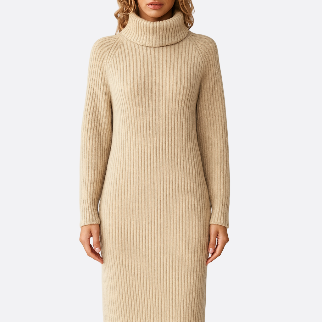 Damen - Midi Rollkragen Strickpullover Kleid - Weichem Material - Bequem und stilvoll für jeden Anlass
