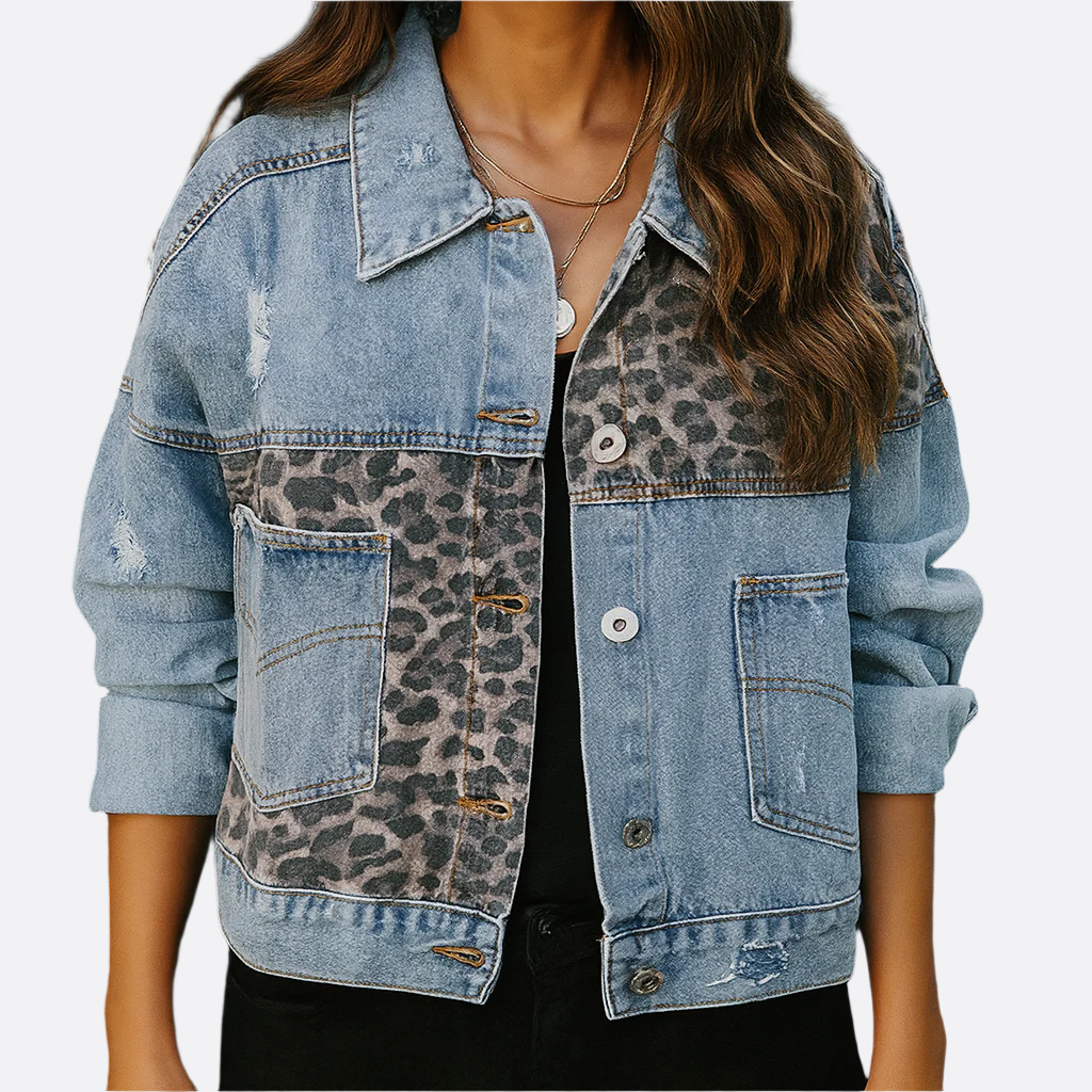 Damen - Patchwork-Jacke mit Leopardenmuster - Denim - Trendige Mode für jeden Anlass