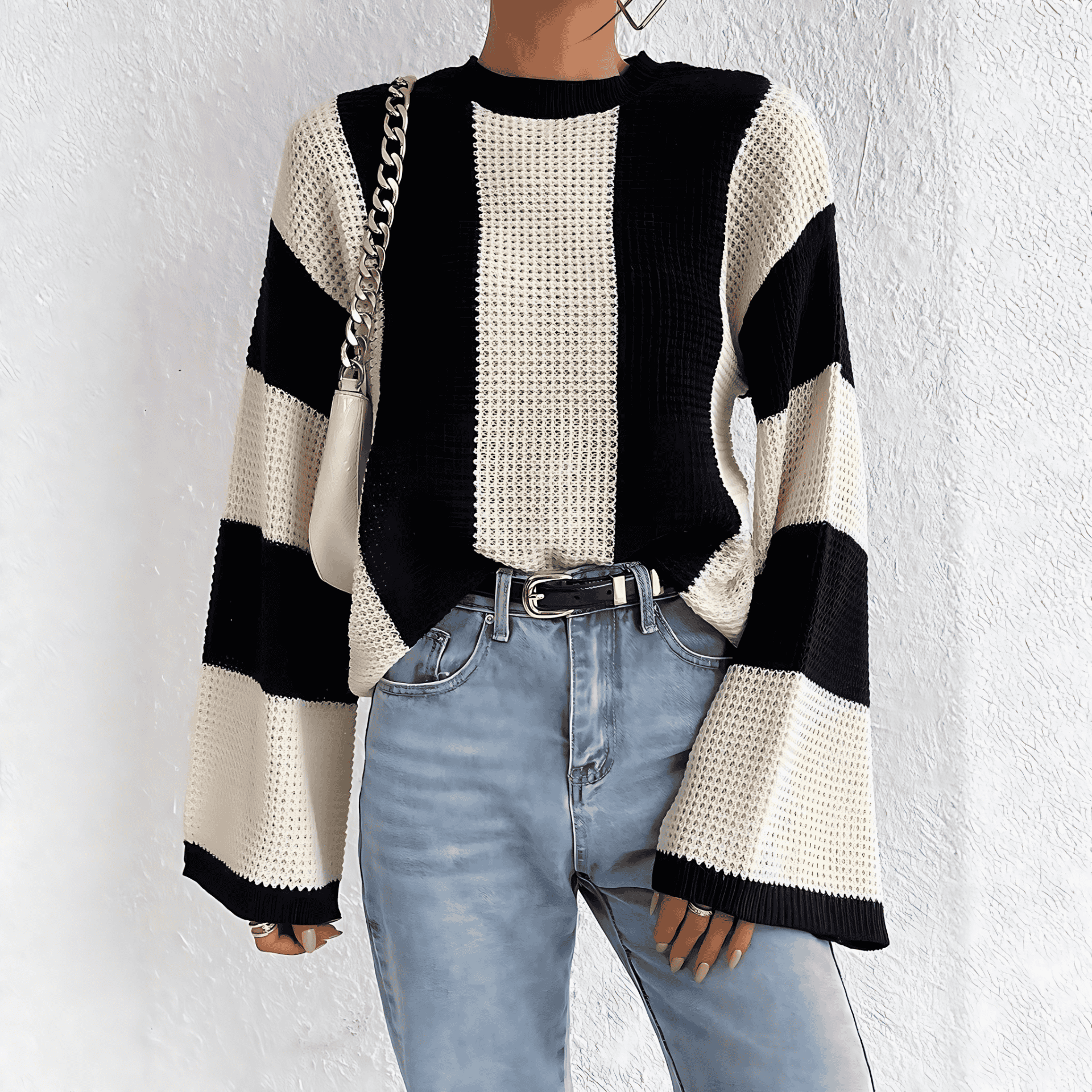 Damen - Strickpullover - Weiten Ärmeln - Wabenmuster - Stylischer und bequemer Pulli für jeden Anlass