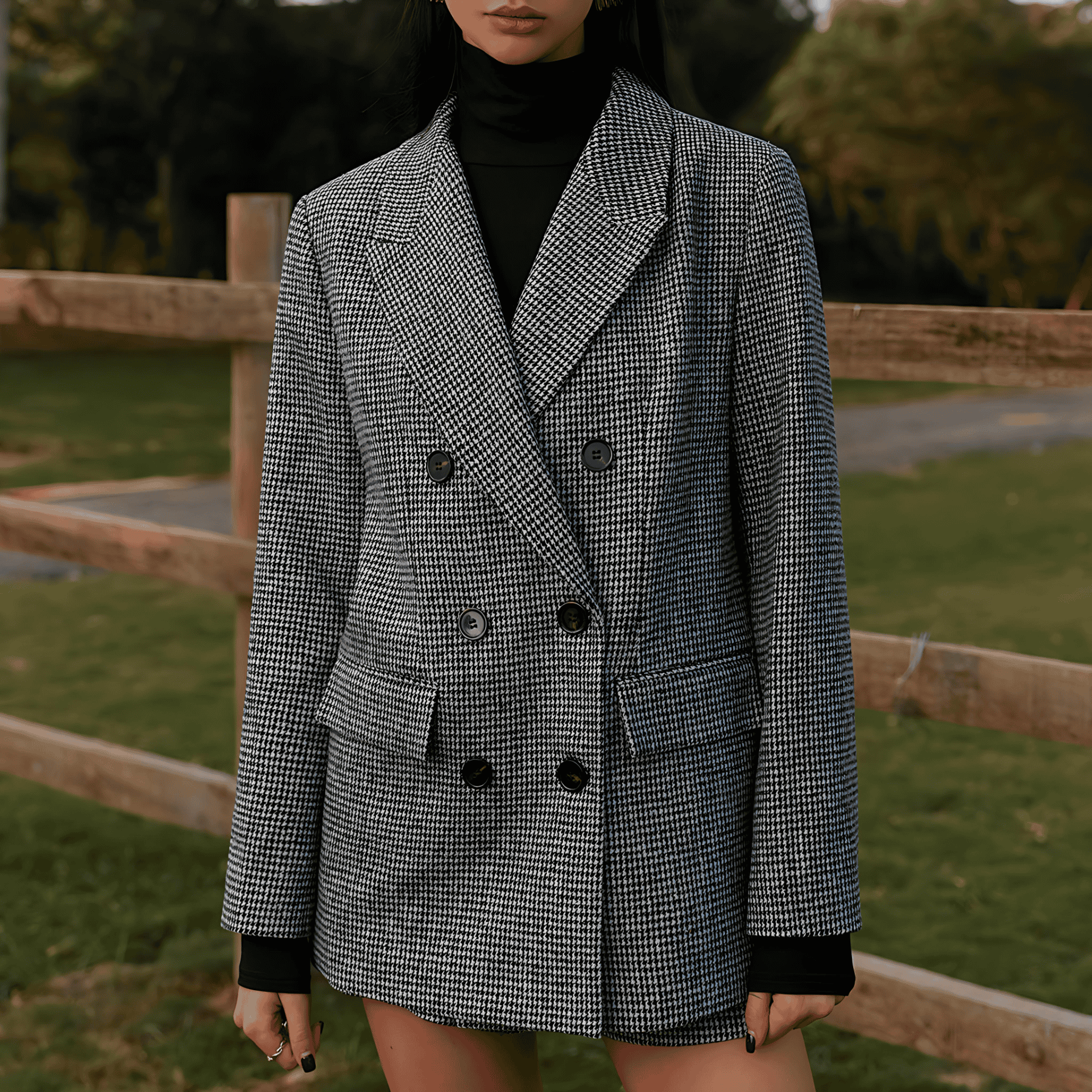 Damen - Tweed-Blazer - Zweireihig mit Hahnentrittmuster - Eleganter Style für jede Gelegenheit